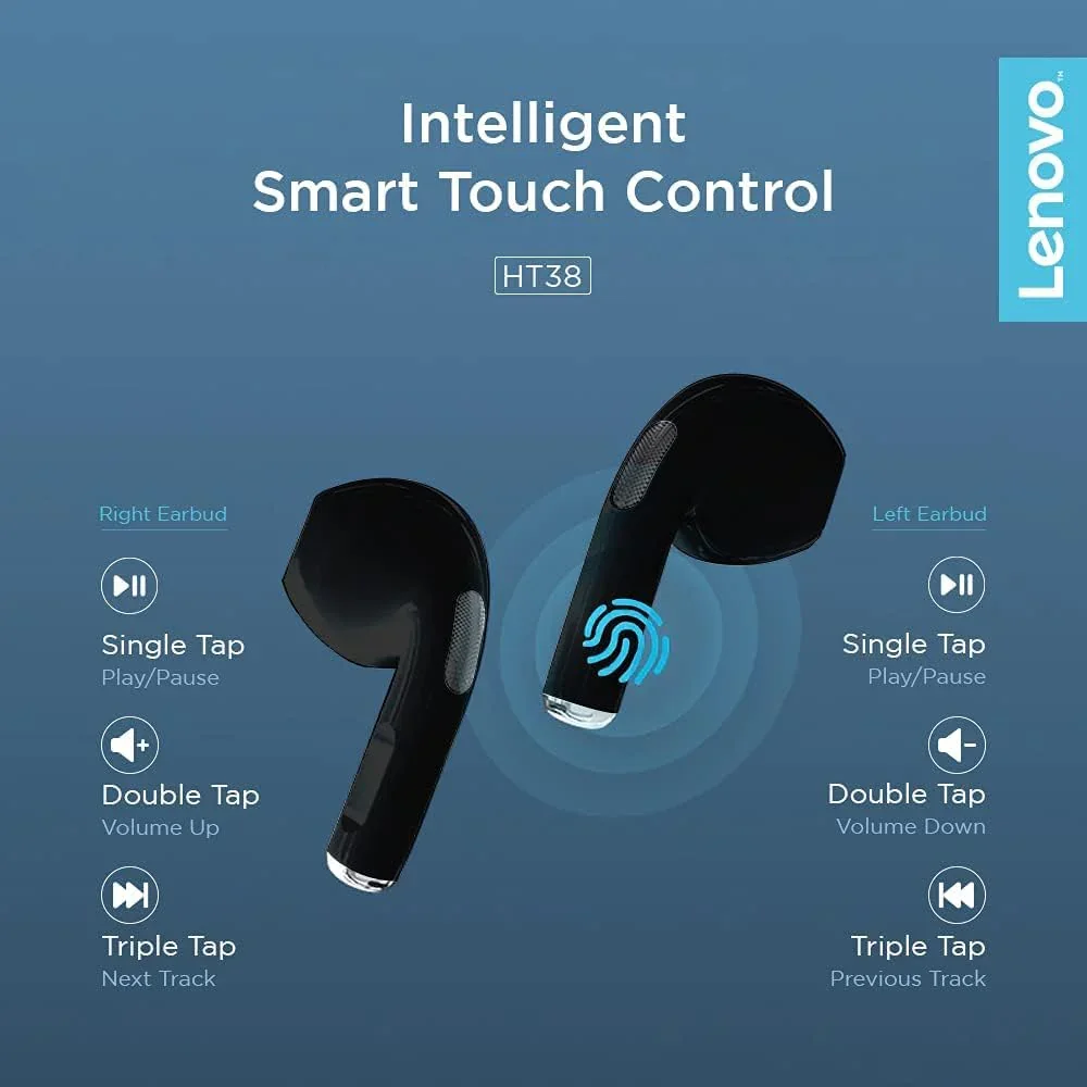 Lenovo LivePods HT38 TWS Wireless Bluetooth Headphones, Mini Headphones, 9D Stereo Touch Control, with Microphone, 30 Hours Playtime - Black - Image 3