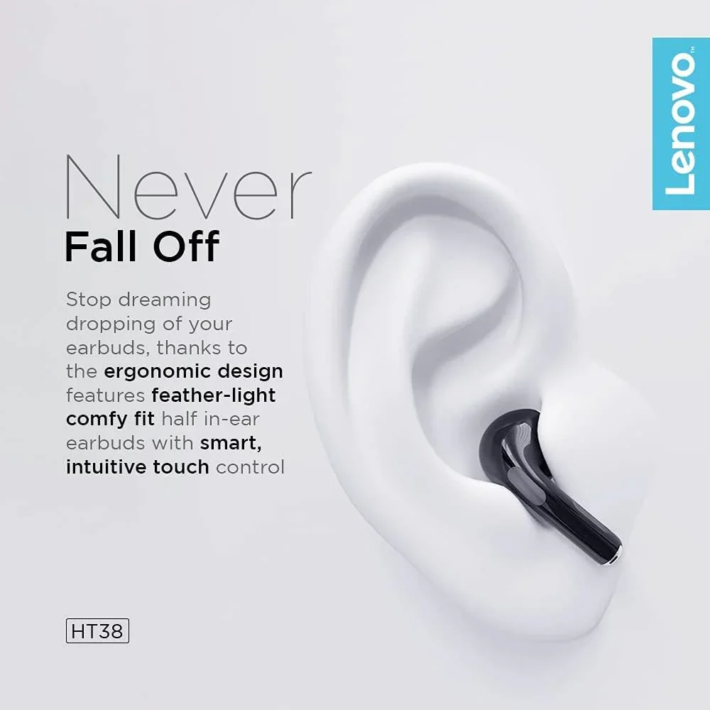 Lenovo LivePods HT38 TWS Wireless Bluetooth Headphones, Mini Headphones, 9D Stereo Touch Control, with Microphone, 30 Hours Playtime - Black - Image 4
